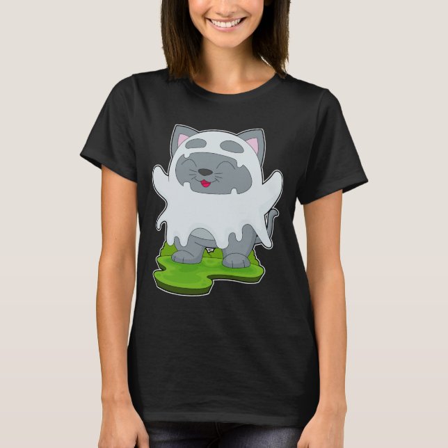 Cat Halloween Ghost T Shirt (Framsida)