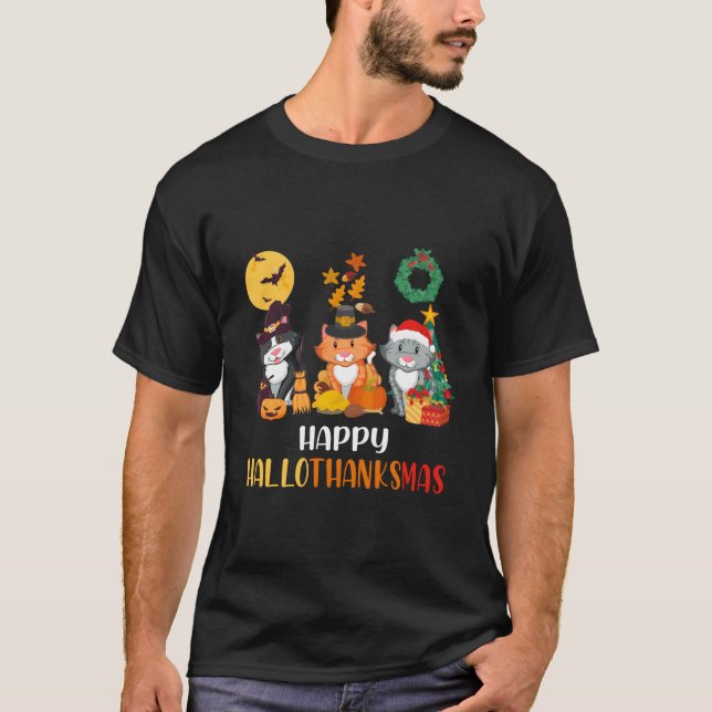 Cat Halloween Lycklig Hallothanksmas Thanksgiving T Shirt (Framsida)