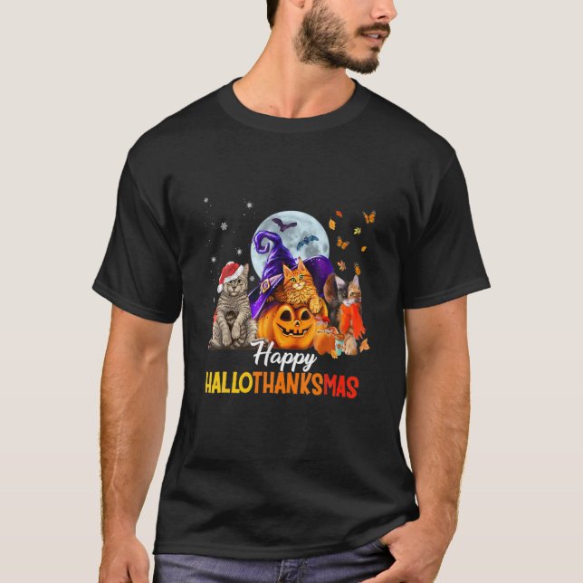 Cat Halloween och God jul Lycklig HalloTack T Shirt (Framsida)