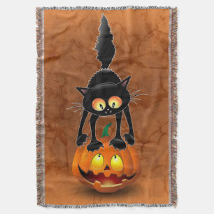 Cat Halloween Skrämt Tecknad på Pumpkin Filt