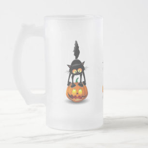 Cat Halloween Skrämt Tecknad på Pumpkin Frostat Ölglas