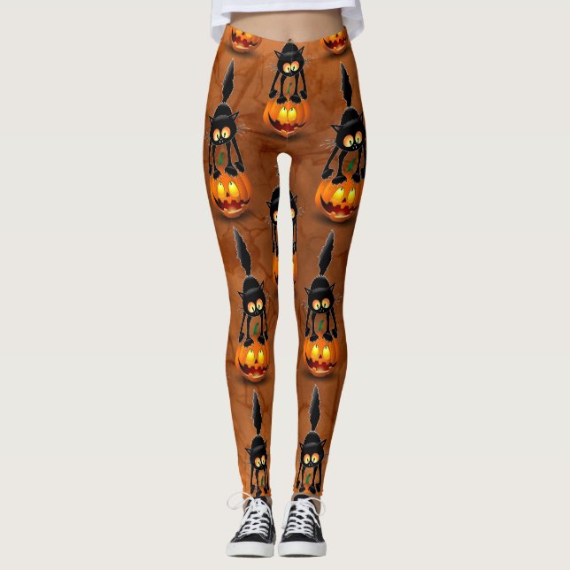 Cat Halloween Skrämt Tecknad på Pumpkin Leggings (Framsida)