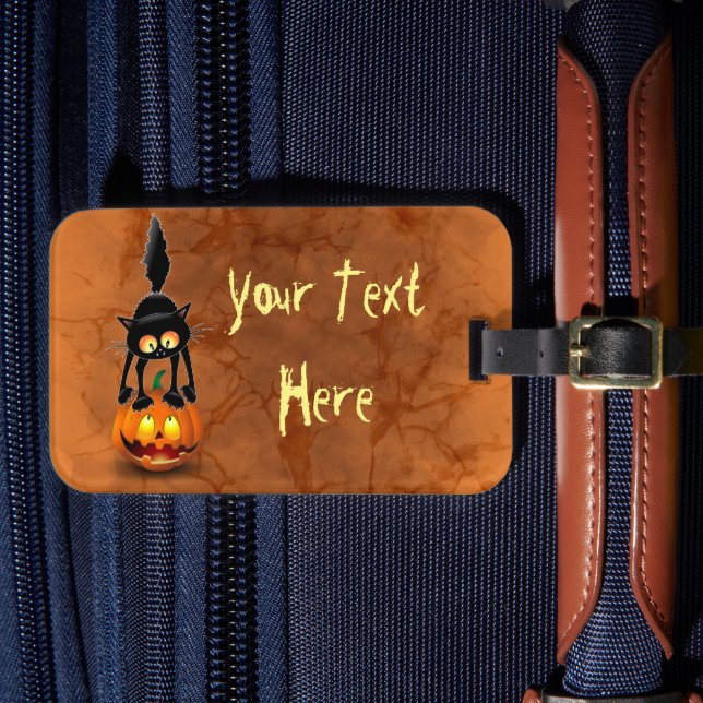 Cat Halloween Skrämt Tecknad på Pumpkin License Pl Bagagebricka (Framsida Insitu 4)