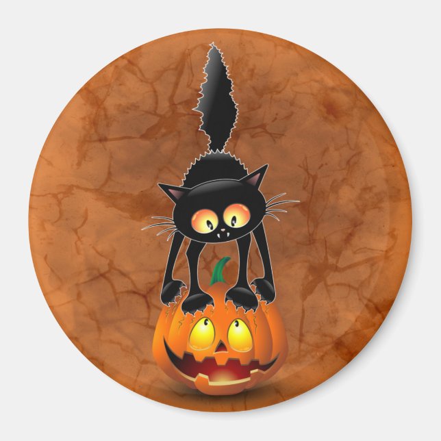 Cat Halloween Skrämt Tecknad på Pumpkin Magnet (Framsidan)