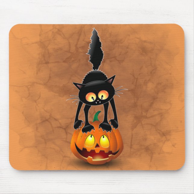 Cat Halloween Skrämt Tecknad på Pumpkin Musmatta (Framsidan)