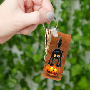 Cat Halloween Skrämt Tecknad på Pumpkin Nyckelring
