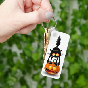 Cat Halloween Skrämt Tecknad på Pumpkin Nyckelring