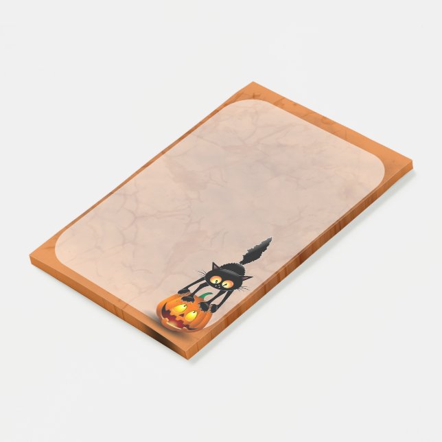 Cat Halloween Skrämt Tecknad på Pumpkin Post-it Block (Vinklad)