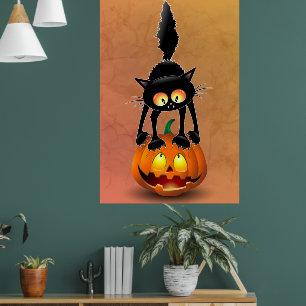 Cat Halloween Skrämt Tecknad på Pumpkin Poster