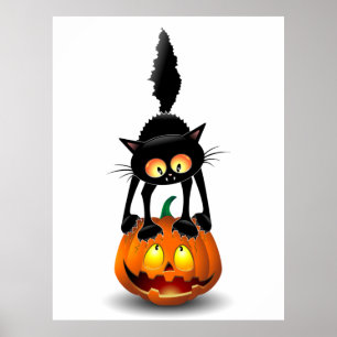 Cat Halloween Skrämt Tecknad på Pumpkin Poster