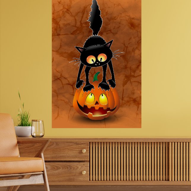 Cat Halloween Skrämt Tecknad på Pumpkin Poster (Vardagsrum 2)