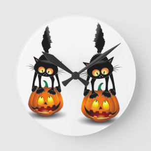 Cat Halloween Skrämt Tecknad på Pumpkin Rund Klocka