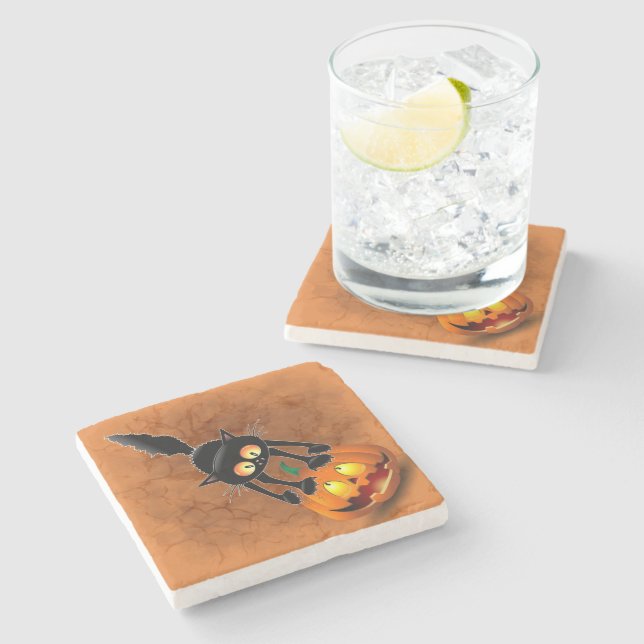 Cat Halloween Skrämt Tecknad på Pumpkin Stenunderlägg (Sidan)