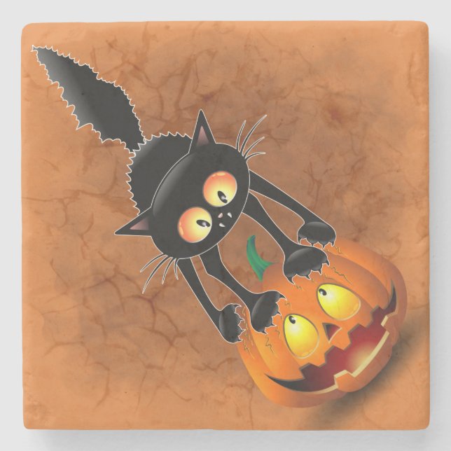 Cat Halloween Skrämt Tecknad på Pumpkin Stenunderlägg (Framsidan)