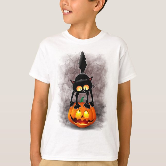 Cat Halloween Skrämt Tecknad på Pumpkin T Shirt (Framsida)