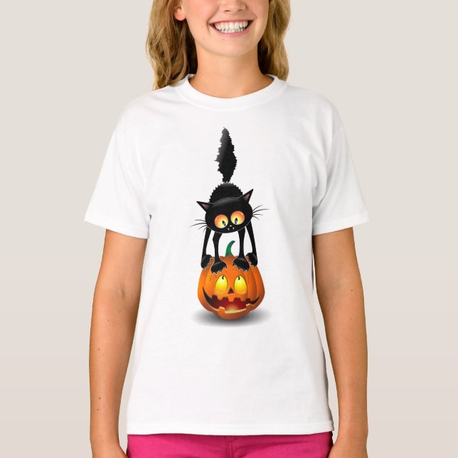 Cat Halloween Skrämt Tecknad på Pumpkin T Shirt (Framsida)