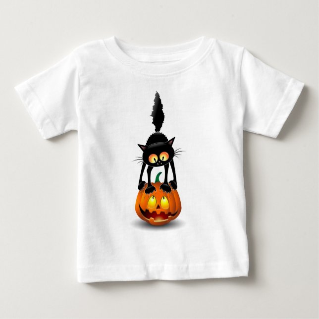 Cat Halloween Skrämt Tecknad på Pumpkin T Shirt (Framsida)