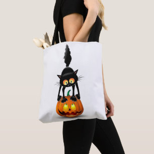 Cat Halloween Skrämt Tecknad på Pumpkin Tygkasse