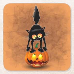 Cat Halloween Skrämt Tecknad på Pumpkin Underlägg Papper Kvadrat