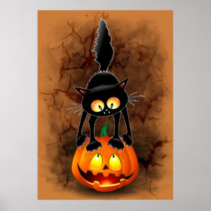 Cat Halloween Skrämt Tecknade figurer stå på Poster