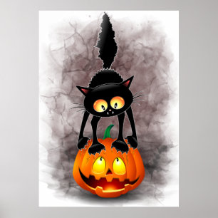 Cat Halloween Skrämt Tecknade figurer stå på Poster