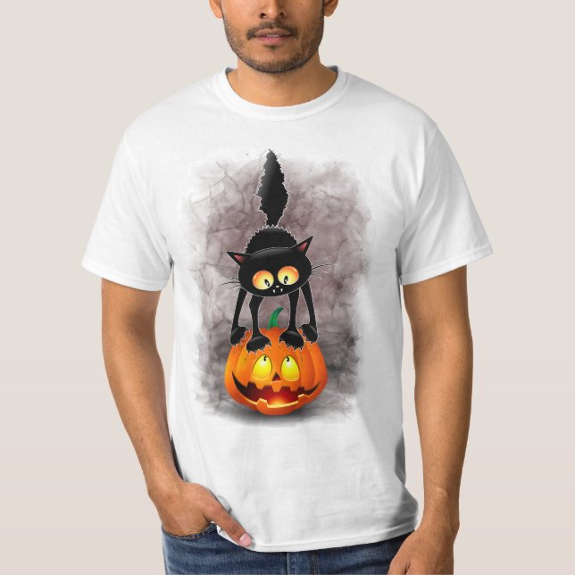 Cat Halloween Skrämt Tecknade figurer stå på T Shirt (Framsida)