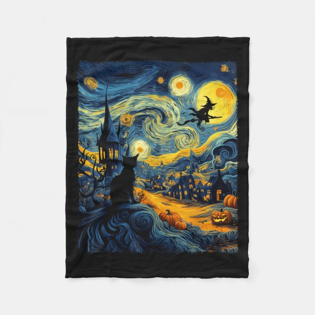Cat Halloween Van Gogh Starry Night Pumpkin Men Wo Fleecefilt (Framsidan)