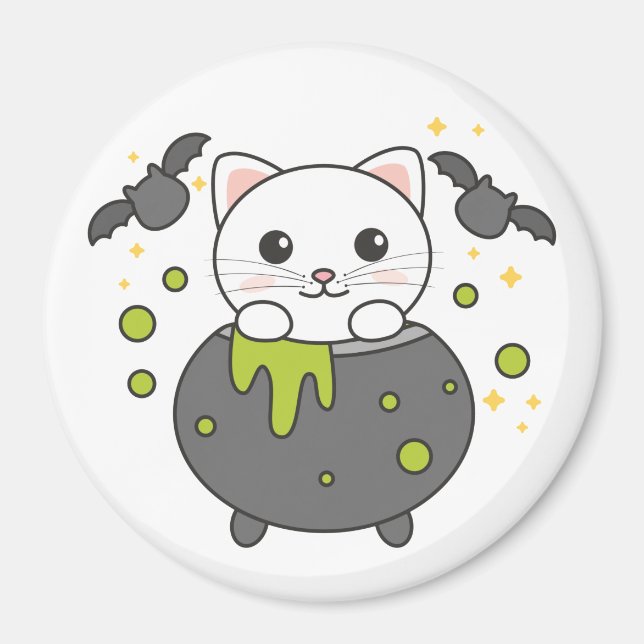 Cat Happy halloween Cauldron Fladdermus Magnet (Framsidan)