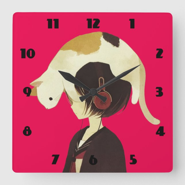 CAT HAT - Animaliskt barn med katt Fyrkantig Klocka (Framsida)