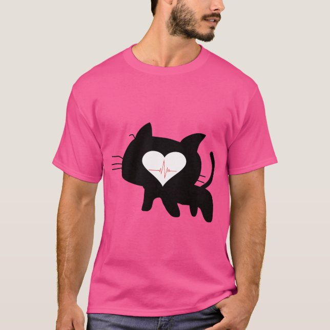 Cat Heartbeat – Minimalist Black Cat Love Design T Shirt (Framsida)