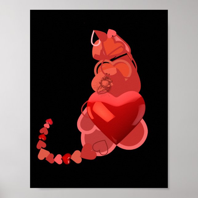 Cat Hearts, Gift Cat Lovers, Red Black Wall Art Poster (Framsidan)
