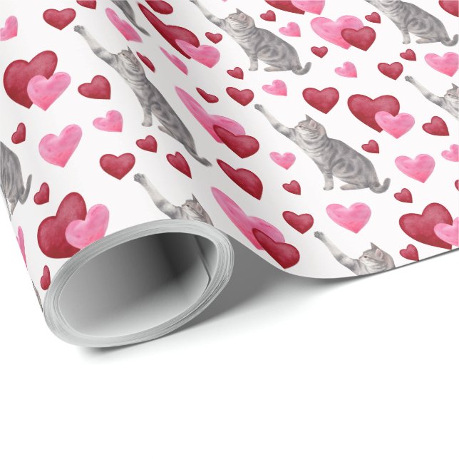 Cat Hearts Valentine Gift Wrapping Paper - White Presentpapper (Rullad Hörn)