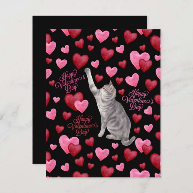 Cat Hearts Valentine’s Day Card in Black Anteckningskort (Fram/baksida)