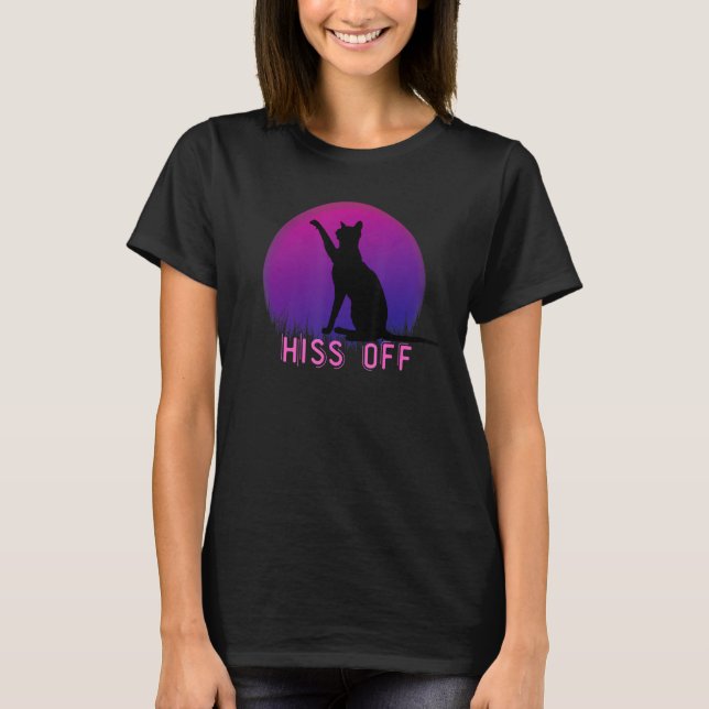 Cat Hiss Off Meow Retro Sunset Style Funny Black C T Shirt (Framsida)