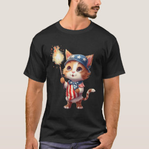 Cat Holding a Sparkler 4:e juli Amerikanska patrio T Shirt