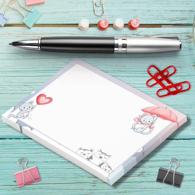 Cat Holding Parbrella Heart Balloon som flyger i H Post-it Block (Skapare uppladdad)