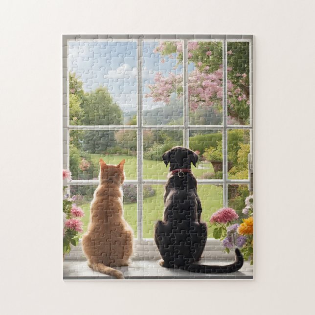 Cat Hund Flowers Garden Puzzle Pussel (Vertikal)