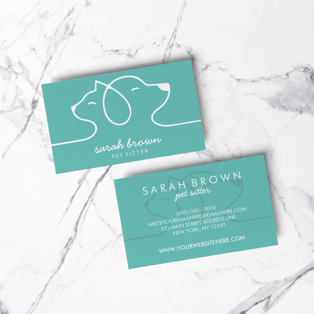 Cat Hund Line Logotyp Pet Grönt Visitkort (Cat Dog Line Logo Petsitter Green Business Card)