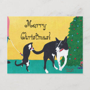 Cat Hund som spelas upp av Träd God jul Postcard Helg Vykort