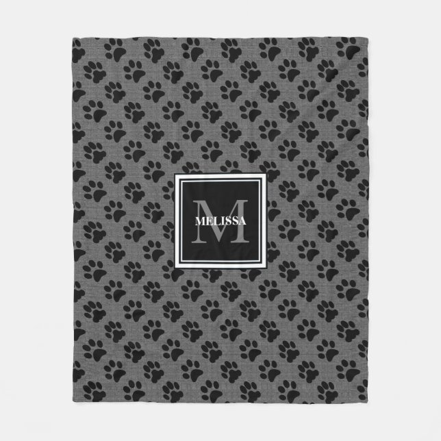 Cat hund tassar grått burlap familjs monogram namn fleecefilt (Framsidan)