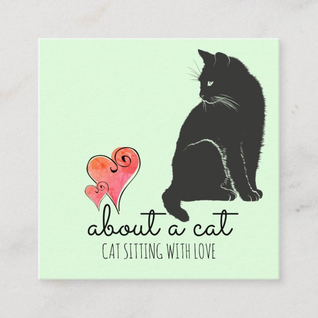 Cat Illustration & Hearts Cat Sitter Fyrkantigt Visitkort (Framsida)