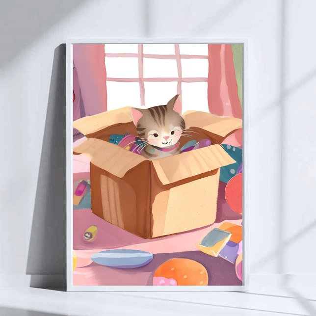 Cat in Cardboard Box | Kitten Watercolor Cat Art Poster (Skapare uppladdad)