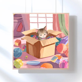 Cat in Cardboard Box | Kitten Watercolor Cat Poster