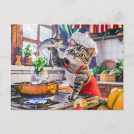 Cat in chef hat cooking with vegetables and fish helg vykort