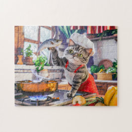 Cat in chef hat cooking with vegetables and fish pussel