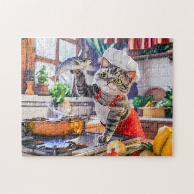 Cat in chef hat cooking with vegetables and fish pussel (Horisontell)