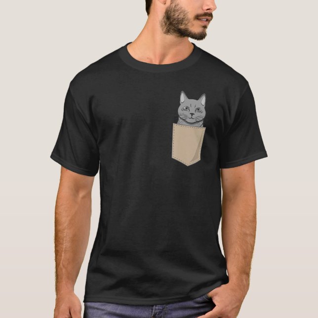 Cat In Chest Pocket Print Kitten Cat T Shirt (Framsida)
