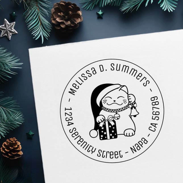 Cat in Christmas Hat Round Address Självfärgande Stämpel (Skapare uppladdad)