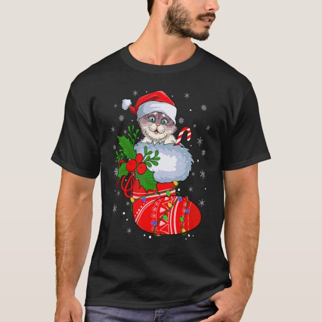 Cat In Christmas Socks   Santa Cat Xmas T Shirt (Framsida)