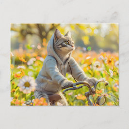 Cat in hoodie cycling across summer meadow helg vykort